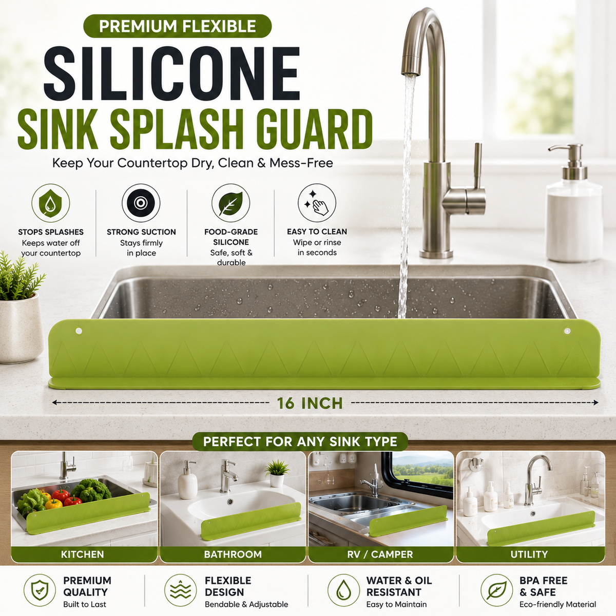 Kitchen Sink Splash Guard – Soft Silicone, Large Size, Double Suction
