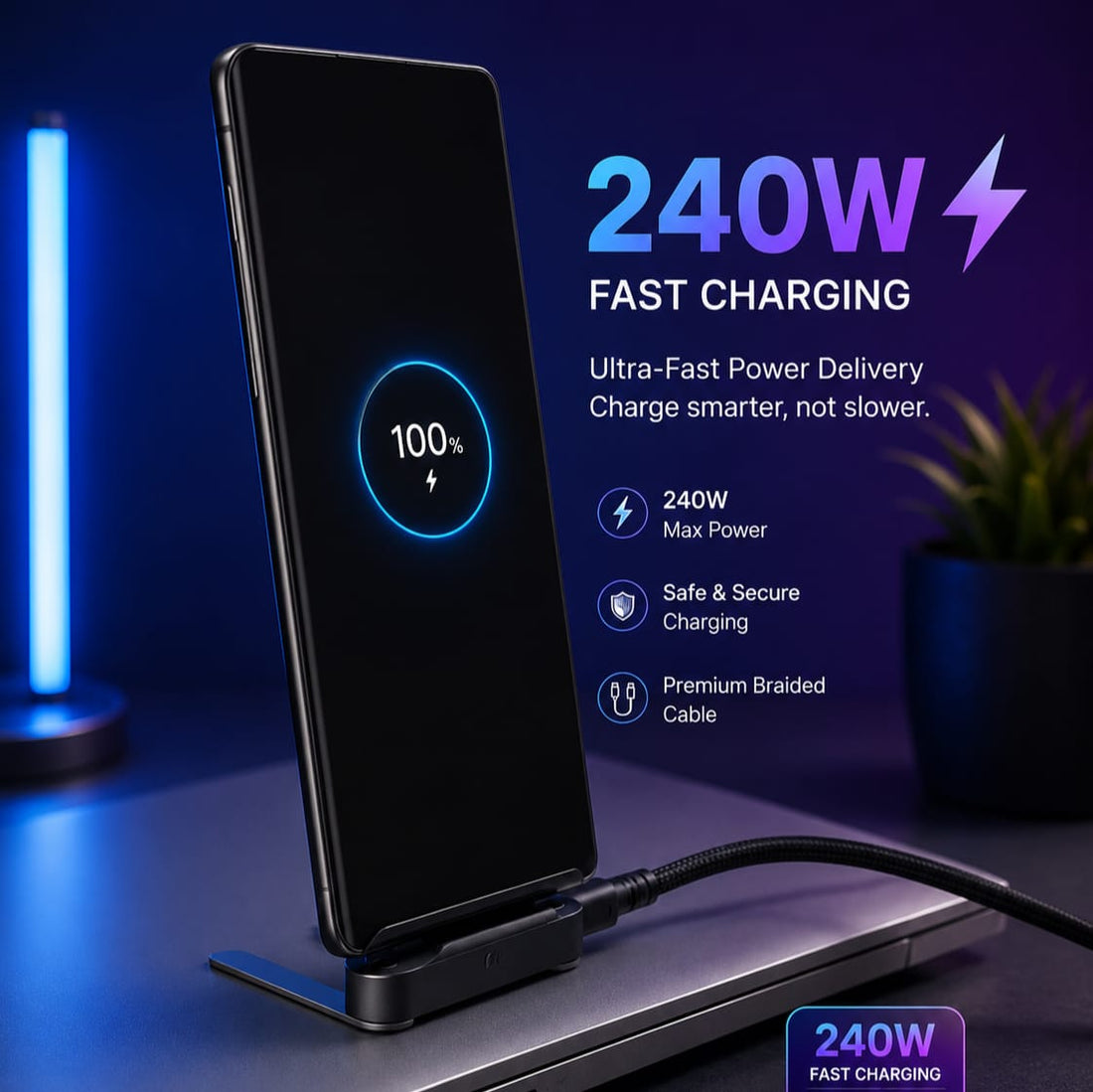 240W 2-in-1 USB-C to USB-C Charging Cable with Phone Stand – 1.5m