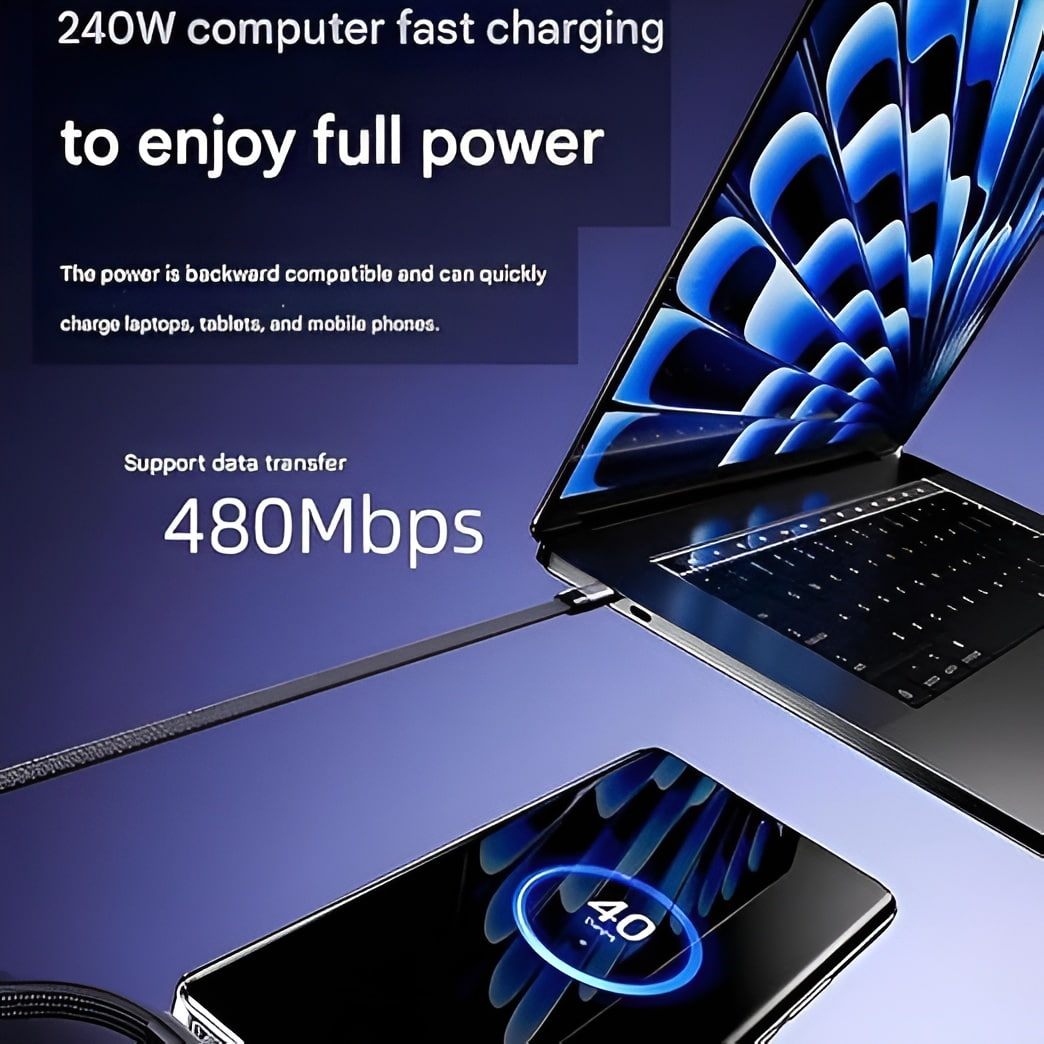 240W 2-in-1 USB-C to USB-C Charging Cable with Phone Stand – 1.5m